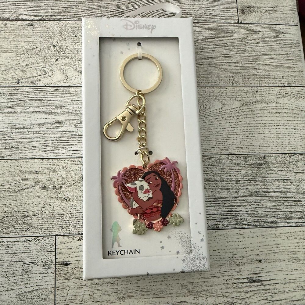 LAROCKS X Disney Moana And Pua Heart Keychain Bag Charm Sparkle Glitter Enamel